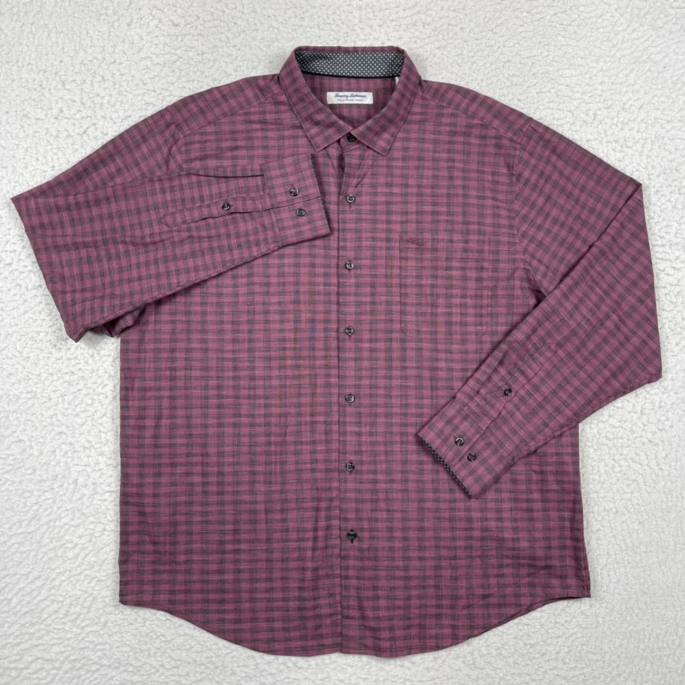 Tommy Bahama Button Down Mens XL Burgundy Newport Coast Check Pima Cotton